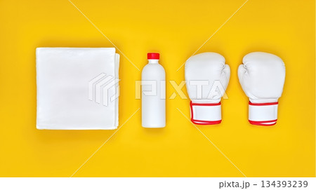 Water Bottle Towel and Boxing Gloves Arranged on a Vibrant Yellow Surface for Workout Preparation 134393239