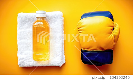Refreshment and Readiness With Water Bottle, Boxing Glove, and Towel on Bright Surface 134393240