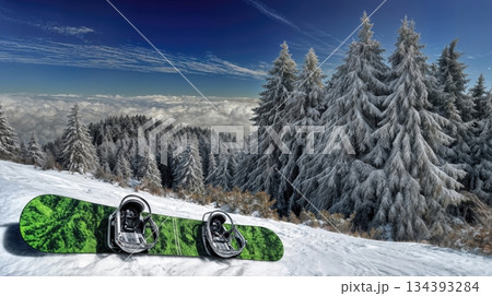 Scenic Winter Landscape With Snowboard Positioned by Pine Trees Overlooking Snowy Peaks 134393284
