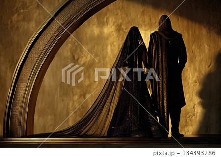 Back View of Indian Wedding Couple in Luxurious Attire During Their Ceremony Back View of Indian Wedding Couple in Luxurious Attire During Their Ceremony 134393286