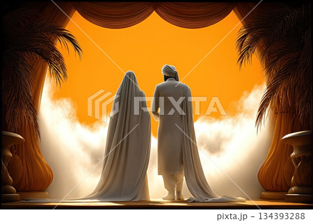 Back View Silhouette of an Indian Couple at a Wedding Ceremony With a Bright Orange Background 134393288