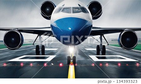 Plane Takes off Under a Cloudy Sky Capturing Details of Powerful Engines and Sleek Design 134393323