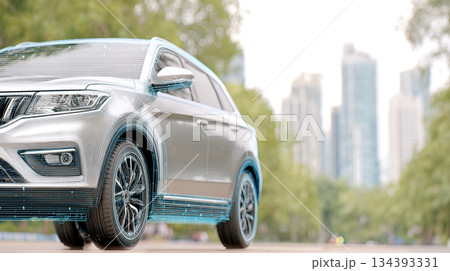 Closeup of a Shiny New Car Parked Against an Urban Landscape With Tall Buildings Closeup of a Shiny New Car Parked Against an Urban Landscape With Tall Buildings 134393331