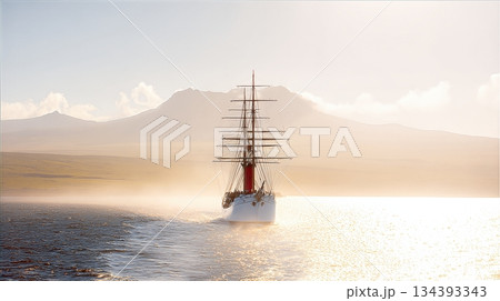 Majestic Sailing Ship Navigates Calm Sea at Dawn With Mountains in the Background Majestic Sailing Ship Navigates Calm Sea at Dawn With Mountains in the Background 134393343