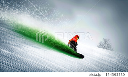 Snowboarder Making a Sharp Turn on a Snowy Slope, Sending up a Spray of Snow in Winter Conditions 134393380