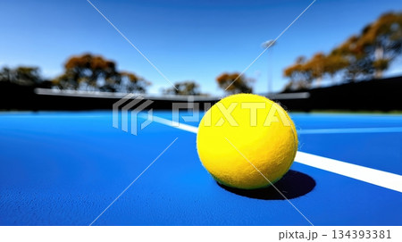 Suspended Yellow Tennis Ball Resting on Vibrant Blue Court Under Clear Sky in Outdoor Setting 134393381