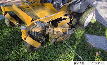 Lawn maintenance machine on grass for efficient garden care Lawn maintenance machine on grass for efficient garden care 134393514
