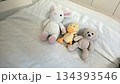 Adorable plush animal toys for children on a cozy bed 134393546