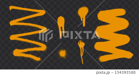 Orange spray paint splatters with drips on transparent checkered background. 134393580