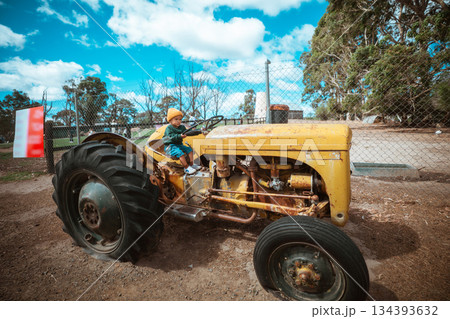 A Classic Yellow Tractor is showcased outdoors, highlighting its charm A Classic Yellow Tractor is showcased outdoors, highlighting its charm 134393632