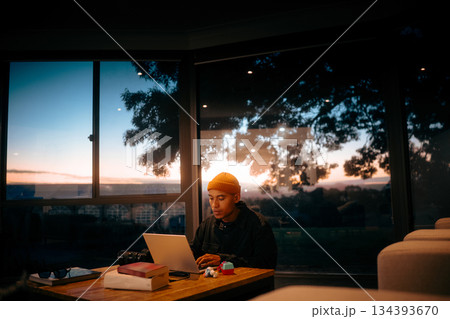 Young Person Working on Laptop During Sunset in Modern Indoor Space 134393670