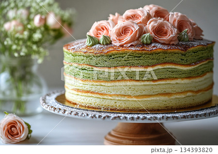 Afternoon tea. Japanese matcha mille crepe cake with blossoms. Asian cuisine content. Cultural and global dessert. Afternoon tea. Japanese matcha mille crepe cake with blossoms. Asian cuisine content. Cultural and global dessert. 134393820