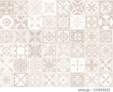 Construction concept. Ceramic tiles with geometric patterns. Material for interior in natural color. Texture of building materials. Design mockup and background. 134393822
