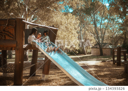 Children Are Enjoying Their Playtime While Going Down a Slide in a Beautiful Natural Playground 134393826