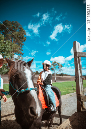 A Child Joyfully Riding a Pony on a Beautiful Bright Sunny Day 134393888