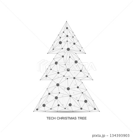 Christmas tree with connection dots and lines in the technology style. New Year card or digital tech Logo, sign, banner, header, calendar poster 134393903