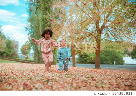 Joyful and Happy Children Happily Playing in Colorful Autumn Leaves Joyful and Happy Children Happily Playing in Colorful Autumn Leaves 134393931