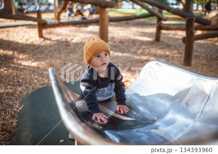 A child happily playing on a slide at a sunny, vibrant playground A child happily playing on a slide at a sunny, vibrant playground 134393960