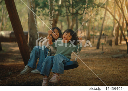 Having an enjoyable and joyful playtime on the swings in the vibrant, lush forested park area Having an enjoyable and joyful playtime on the swings in the vibrant, lush forested park area 134394024