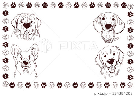 Dog portrait sketch collection with pawprint frame in minimal line art 134394205