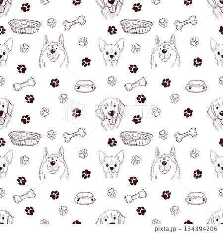 Hand drawn dog icons with toys and bowls in sketch style 134394206