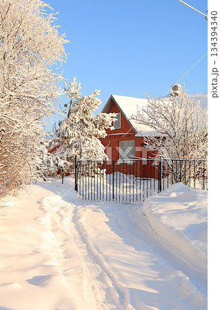 Winter house in the countryside with snow-covered fir trees and snowdrifts. The beauty of the winter season for travel in extreme conditions. A beautiful winter invitation card for tourists 134394340