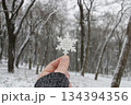 A hand is holding a large snowflake. Merry Christmas concept. 134394356