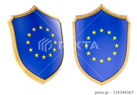 Protective shields with European Union flag stars, symbolizing security regulation and protection concept. 3D rendering Protective shields with European Union flag stars, symbolizing security regulation and protection concept. 3D rendering 134394367