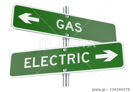 Gas or Electric green direction arrows, street signs. 3D rendering 134394378