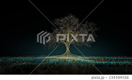 ミニマルなデジタルツリー　金の光粒子とデータネットワーク（ティール背景） 134394588