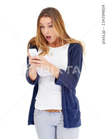 Shocked, wow and woman on a phone isolated a white background for fake news, wrong email or mistake. Surprise, fear or stress of person or online user with cellphone or mobile app problem in studio Shocked, wow and woman on a phone isolated a white background for fake news, wrong email or mistake. Surprise, fear or stress of person or online user with cellphone or mobile app problem in studio 134394604