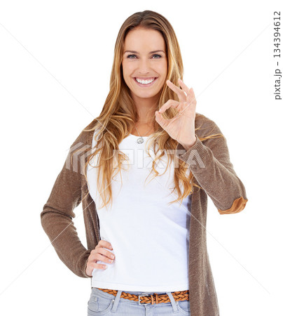 OK hand, happy woman and portrait isolated on a white background in success sign, thanks or agreement. Like, yes and okay emoji and face of young person or model smile for winning and goals in studio OK hand, happy woman and portrait isolated on a white background in success sign, thanks or agreement. Like, yes and okay emoji and face of young person or model smile for winning and goals in studio 134394612