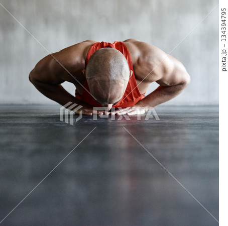 Workout, endurance and man doing floor push up for strength exercise, health lifestyle or muscle development. Ground mockup, fitness training or strong male athlete training, exercising or practicing 134394795