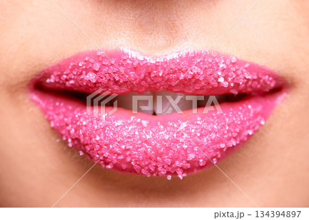 Woman lips, pink and lipstick with sugar scrub closeup, makeup and beauty with exfoliation sparkle. Bright aesthetic, female model and mouth cosmetics product, cosmetology with cosmetic lip exfoliate 134394897