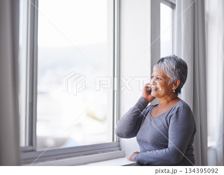 Phone call, window view and senior happy woman speaking, smile and talking to Mexico retirement contact. Listening, happiness and elderly person, lady or female smartphone user consulting on mobile Phone call, window view and senior happy woman speaking, smile and talking to Mexico retirement contact. Listening, happiness and elderly person, lady or female smartphone user consulting on mobile 134395092