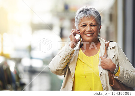 Phone call, portrait and elderly happy woman on urban road, commute and talking to retirement contact. City travel, discussion and senior person consulting, speaking and walking on street sidewalk Phone call, portrait and elderly happy woman on urban road, commute and talking to retirement contact. City travel, discussion and senior person consulting, speaking and walking on street sidewalk 134395095