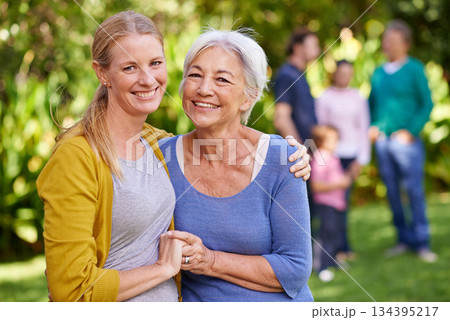 Senior mom, woman and hug in garden with happiness, love and care in portrait by trees on holiday. Elderly mama, lady and embrace with bond, excited face and family in backyard with summer sunshine 134395217
