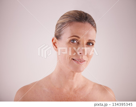 Mature woman, portrait or anti age skincare, natural or beauty for facial treatment dermatology, makeup or cosmetics. Healthy skin, female model and senior lady with wrinkles and confidence on mockup Mature woman, portrait or anti age skincare, natural or beauty for facial treatment dermatology, makeup or cosmetics. Healthy skin, female model and senior lady with wrinkles and confidence on mockup 134395345