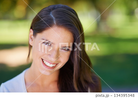 Face, happy and portrait of a woman in a park in summer for beauty, smile and confident in nature with happiness. Head, garden and female person or model outdoor with freedom, relax and in a forest Face, happy and portrait of a woman in a park in summer for beauty, smile and confident in nature with happiness. Head, garden and female person or model outdoor with freedom, relax and in a forest 134395348