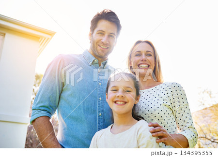 Portrait, sunshine and happy family child, mother and father support, bonding and enjoy outdoor quality time together in Spain. Love, sky or happiness of mama, papa and youth kid smile for unity care Portrait, sunshine and happy family child, mother and father support, bonding and enjoy outdoor quality time together in Spain. Love, sky or happiness of mama, papa and youth kid smile for unity care 134395355