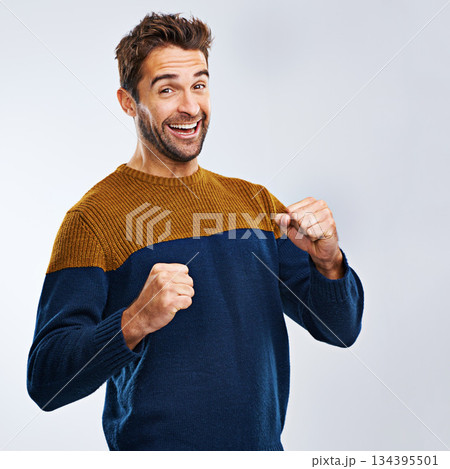 Portrait, winner and man with energy, fist and excitement with guy isolated against a studio background. Face, male person and model winning, goals and happiness with victory, wow and omg with joy Portrait, winner and man with energy, fist and excitement with guy isolated against a studio background. Face, male person and model winning, goals and happiness with victory, wow and omg with joy 134395501