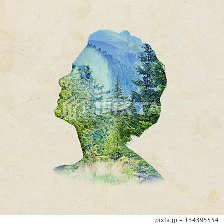 Woman, face and double exposure with nature, forest or ideas for adventure, sustainability and mountains. Girl, brainstorming and vision with holographic overlay with trees, creativity or countryside 134395554