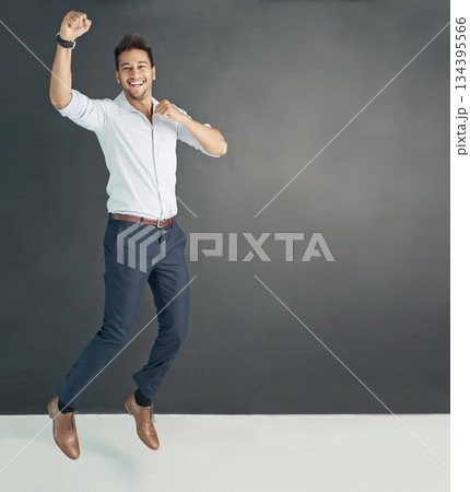 Portrait, mockup and man with business, happy and excited guy against a dark studio background. Face, male person and employee with happiness, winning and achievement with career and professional Portrait, mockup and man with business, happy and excited guy against a dark studio background. Face, male person and employee with happiness, winning and achievement with career and professional 134395566