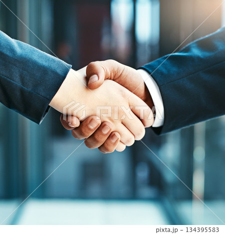 Handshake closeup, business people and collaboration, agreement and support with networking, welcome and introduction. Hiring, recruitment and promotion, corporate team shaking hands and partnership 134395583