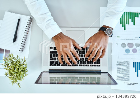 Business man, hands and laptop with documents, data analysis and digital planning, copywriting and seo report. Charts, graphs and stats paperwork of professional person on computer typing from above 134395720