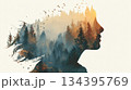 鳥が舞う森と横顔のダブルエクスポージャー　飛躍・解放・未来のビジョン 134395769