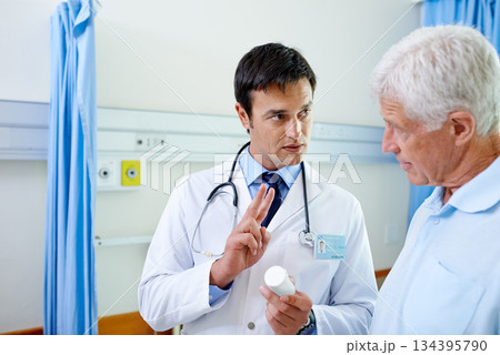 Discussion, pills and doctor with old man in hospital with advice, help and support from senior care clinic. Retirement, consultation and prescription for elderly patient with medical professional. Discussion, pills and doctor with old man in hospital with advice, help and support from senior care clinic. Retirement, consultation and prescription for elderly patient with medical professional. 134395790