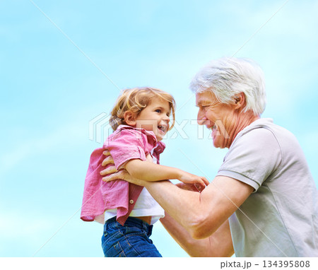 Happy, lifting and smile with grandfather and grandson for bonding, affectionate and free time. Happiness, fun and playing with old man and boy for family generations on blue sky mockup with space Happy, lifting and smile with grandfather and grandson for bonding, affectionate and free time. Happiness, fun and playing with old man and boy for family generations on blue sky mockup with space 134395808