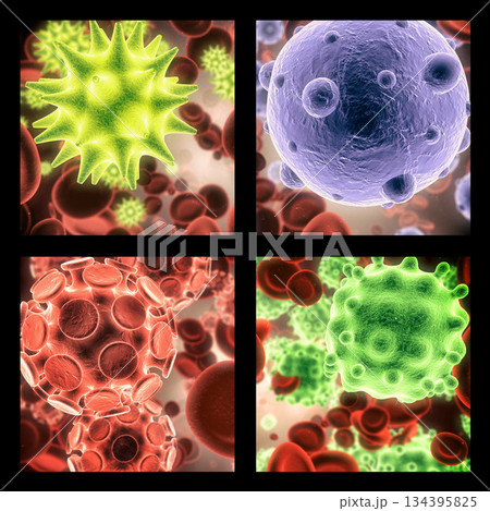 Virus, bacteria and molecule structure of disease closeup in series for medical investigation or research. Covid, particle and healthcare with a microscope view of living cell samples for biology 134395825