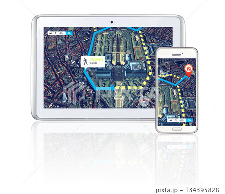 Tablet, phone or virtual location to travel on city road maps or direction route on screen or white background. Mockup, digital or mobile app ux journey trip display, global navigation or iot guide 134395828